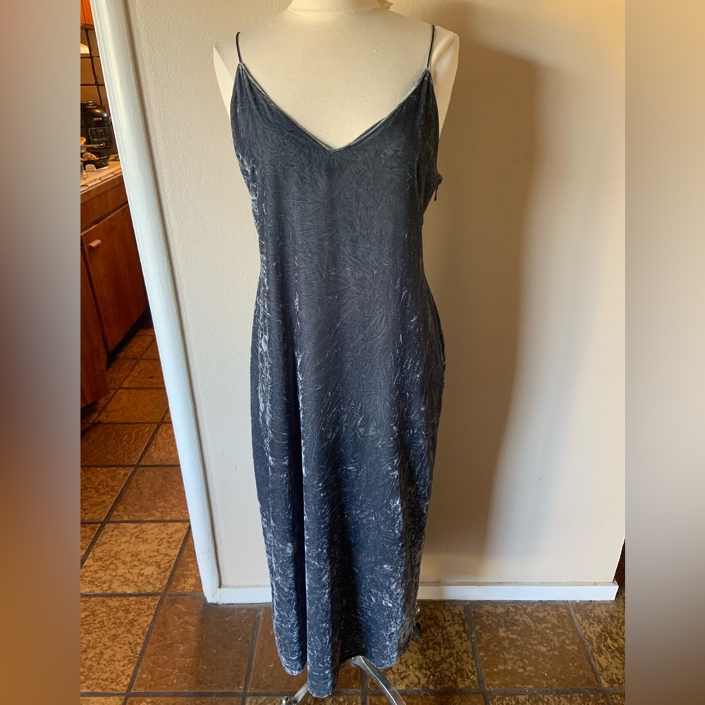 Calvin Klein slate gray velvet midi slip dress.